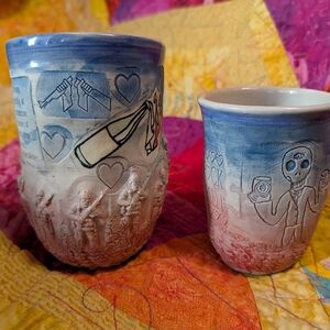Blue and White Ceramic Mugs with Skeleton Design